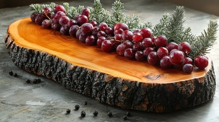 Red grapes on rustic wood serving board, winter setting