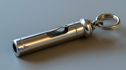 Silver key chain whistle on grey background, for safety
