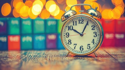 Alarm clock on wooden table, colorful background, time management concept, website banner