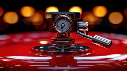 Red tank pressure gauge, bokeh background, industrial setting, safety