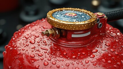 Wet red fire extinguisher close-up; safety equipment; blurred background; industrial setting; safety precaution