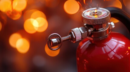 Red fire extinguisher close-up, festive lights background, safety preparedness, holiday fire prevention