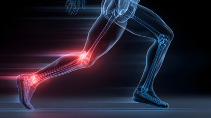 Futuristic medical scan concept showing a runner's skeletal system with glowing red highlights on knee and ankle joints indicating pain or injury