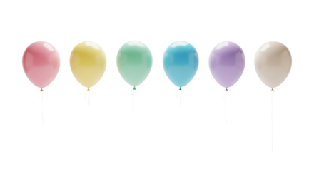 Seven perfectly aligned, glossy, ovoid helium balloons in a soft pastel rainbow palette floating against a bright white studio background with copy space. concept for elegant celebration banner