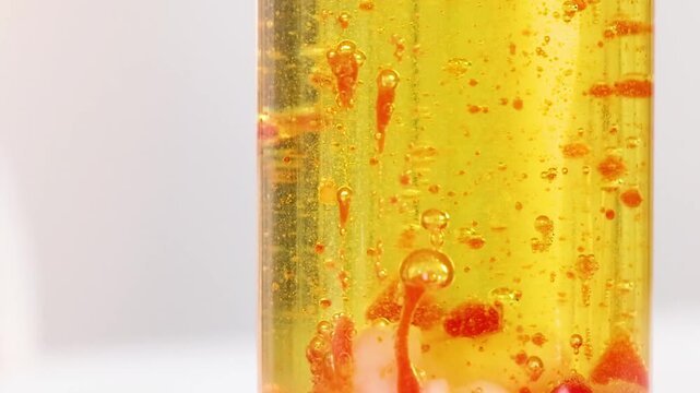 Close Up of Red Bubbles Rising in Yellow Liquid Science Experiment
