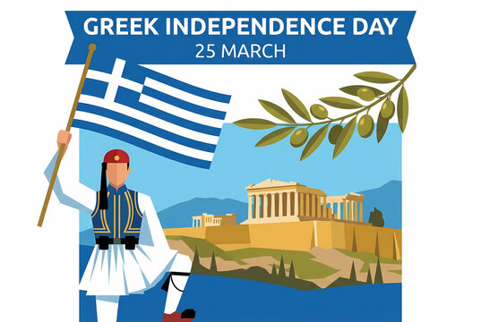 Illustration celebrating Greek Independence Day with flag and historical elements.