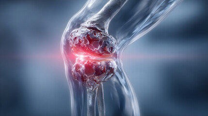 A hyper realistic medical 3d render of a knee joint with a tumor or cyst on the bone blended with a glowing red effect to highlight the affected area for educational