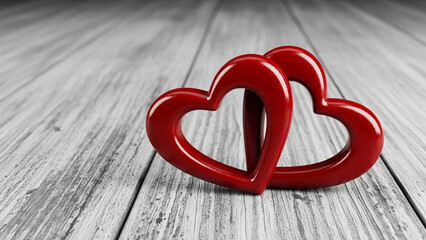 Double red heart shapes on grey wood texture with copy space