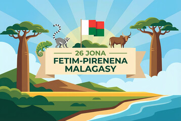 Colorful illustration celebrating Malagasy Independence Day with local animals and flag.