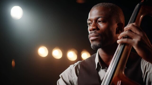 A Talented Musician Plays the Double Bass in a Captivating Performance Under Stage Lights, Showcasing Passion and Skill in a Masterful Display of Musical Artistry
