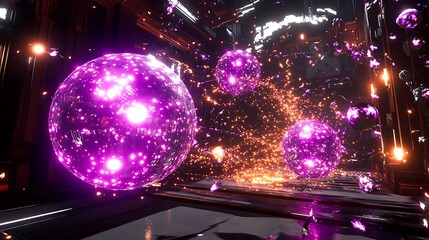 Ethereal glowing purple energy orbs pulsate within a dark metallic futuristic corridor surrounded by intense orange light particle effects creating abstract cosmic fantasy energy