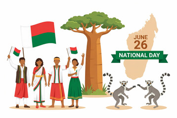 Celebration of Madagascar's National Day with traditional clothing and flag waving.