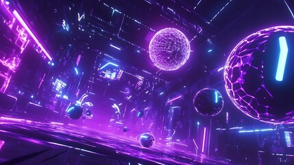 Abstract digital environment featuring glowing purple neon geometric spheres floating within a dark futuristic cyberspace infrastructure bathed in vibrant violet light and intense electronic energy.
