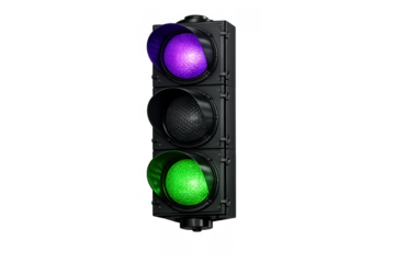 Traffic light showing purple and green signals for urban road control and new transportation concepts on a transparent background
