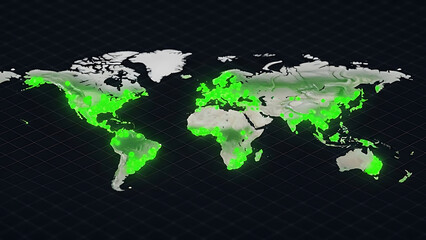 Fintech 3d data visualization of a glowing world map highlighting global financial connections in green on a dark grid background