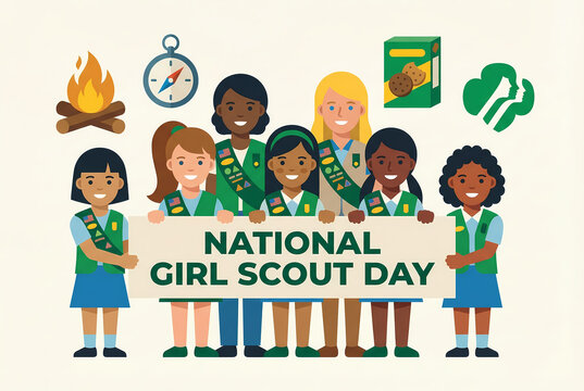 Diverse Girl Scouts celebrate National Girl Scout Day with unity and joy.