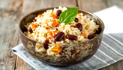 Delicious Rice and Beans Bowl with Fresh Basil Garnish.