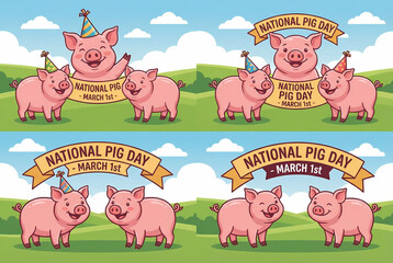 Illustration of pigs celebrating National Pig Day on March 1st in a green field.