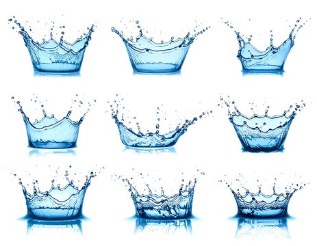Nine distinct water crown splashes, each with unique forms and patterns, rendered in a crisp, clear style against a white backdrop