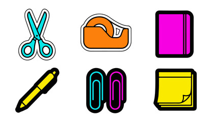 Office supplies icons collection scissors tape notebook pen paper clips sticky notes