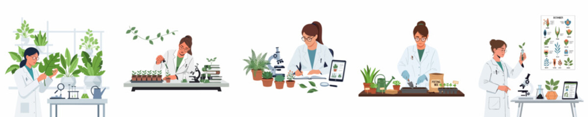 Collection of scenes depicting female botanists and scientists researching plant biology, examining specimens, studying growth cycles, and propagating new seedlings.