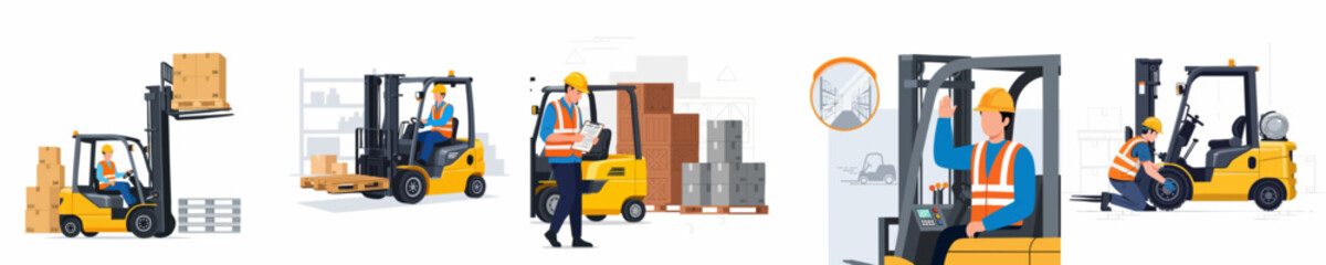 Warehouse workers operating forklifts, managing inventory, ensuring safety, and performing vehicle maintenance in logistics and distribution environments. © ValentinaRestrepo