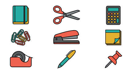 Office supplies set flat design illustration black background