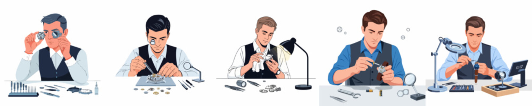 Professional watchmaker repairing and servicing intricate timepieces, using specialized tools like loupes and screwdrivers for precision work in a horology workshop setting.