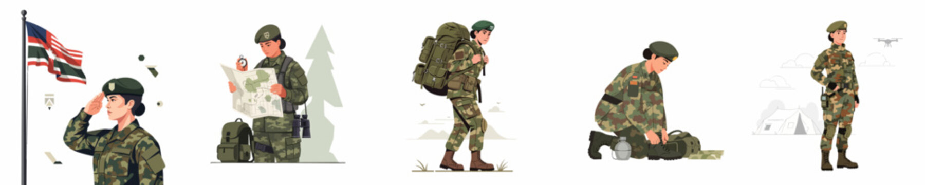 Vector set of female soldiers doing various military duties: saluting the flag, navigating with a map, hiking, and operating a drone.