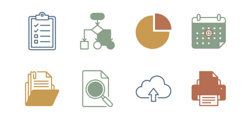 Set of business and data icons on black background