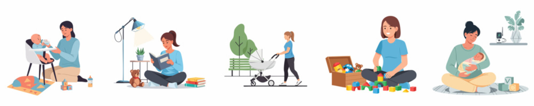 A collection of five illustrations depicting mothers engaging in daily care, playtime, reading, feeding, and outdoor activities with their babies and infants.