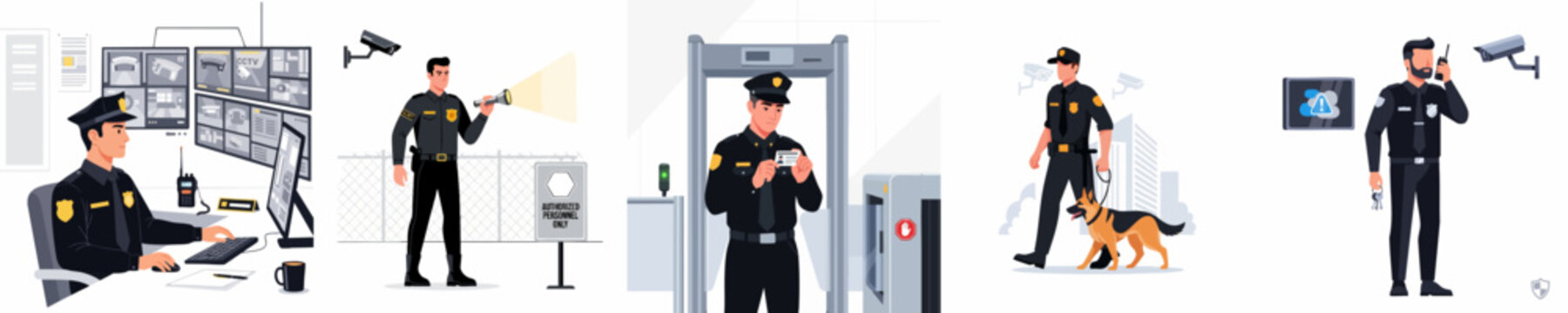Comprehensive Security Services Illustration: Guards Monitoring CCTV, Checking Access, Patrolling with a Dog, and Communicating via Radio.