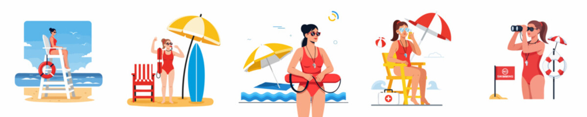 Collection of professional female lifeguards on duty at the beach, providing water safety, surveillance, and rescue services.
