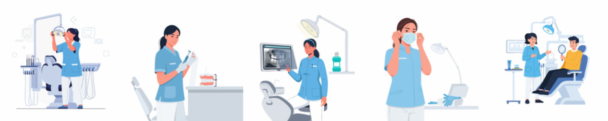 Fototapeta premium Professional Dental Clinic Workflow: Dentists Preparing Equipment, Reviewing X-Rays, and Consulting Patients in a Modern Healthcare Setting.