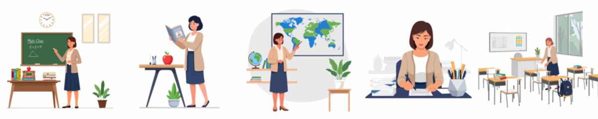 Modern female teacher character set showing various teaching activities: instructing math, lecturing geography, grading student work, and preparing the classroom. © ValentinaRestrepo