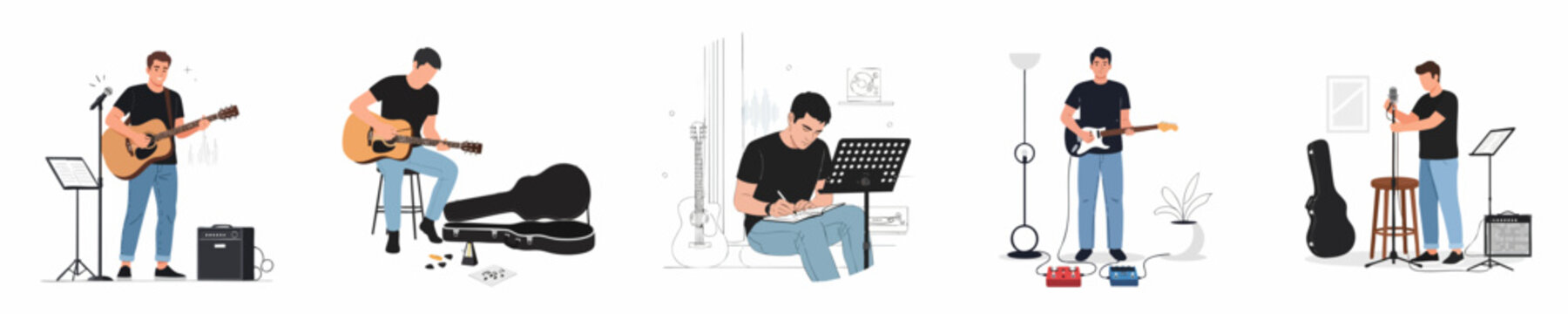 Set of illustrations showing a musician playing acoustic and electric guitar, singing, practicing, composing songs, and performing live music.