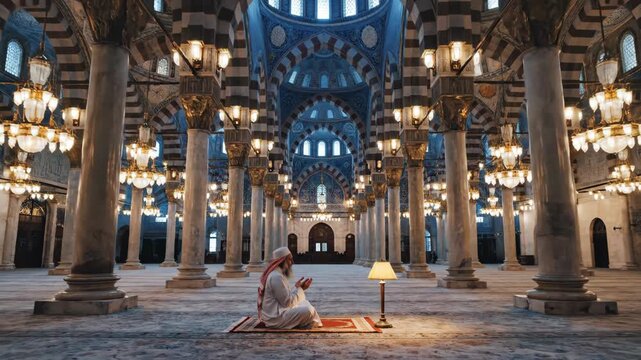 A devoted muslim man kneels on a prayer rug, performing salat in a wide, symmetrically composed shot of a majestic, blue-toned mosque interior, illuminated by warm, golden chandeliers.