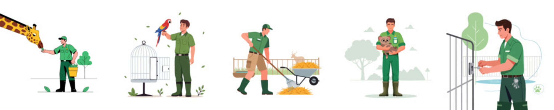 Zoo Keeper Job Concept: Set of Illustrations Showing Animal Caretaker Duties Including Feeding Giraffes, Cleaning Enclosures, Handling Wildlife, and Securing Cages.