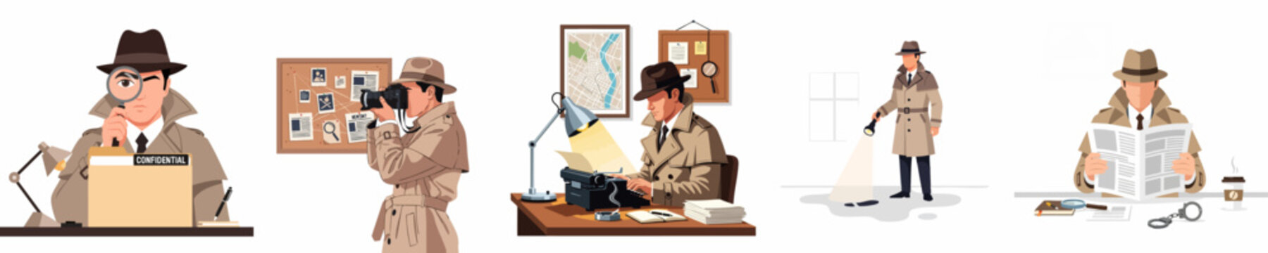 A collection of retro detective and private investigator scenes illustrating investigation activities, including searching evidence, typing reports, and reading clues.