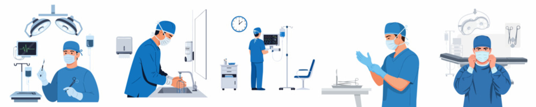 Professional surgeon preparing for operation process set, including hand scrubbing, donning medical gear, monitoring vitals, and holding surgical instruments.