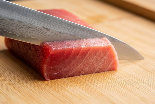 Sharp Japanese Yanagiba knife slicing fresh tuna saku block showing clean cross-section