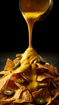 Golden cheese sauce pouring over crispy nacho chips and vibrant jalapeno slices. Delicious, appetizing Mexican snack, melted cheese creates rich, savory experience, truly satisfying treat