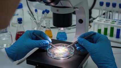 Close-up of a researcher in protective gloves meticulously working with samples in a petri dish under a powerful microscope, performing critical scientific experiments in a modern laboratory setting