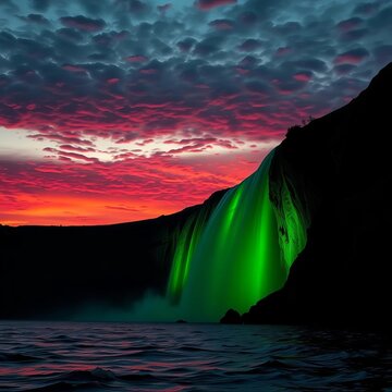 Crashing emerald wall, silhouetted against a bruised twilight sky, water like obsidian glass ,  dark,  peru