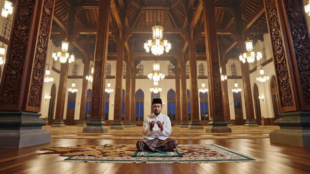 A muslim man performs serene supplication while sitting on a prayer mat, captured in a low-angle shot emphasizing the warm, golden light inside a traditional wooden mosque.