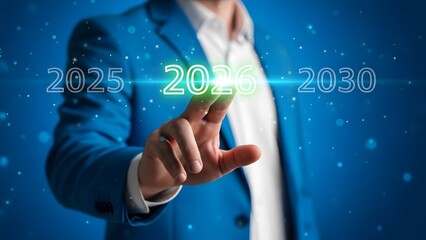 Businessman touching digital display showing projected future years 2025, 2026 and 2030