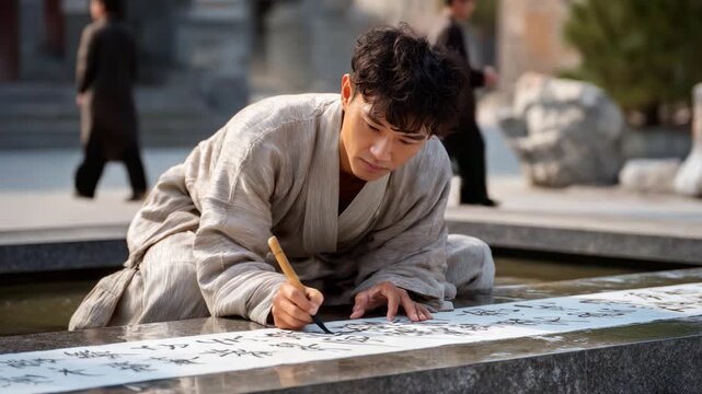 A dedicated artist captures tradition on paper, skillfully practicing calligraphy in an outdoor setting surrounded by serene nature and historical architecture.