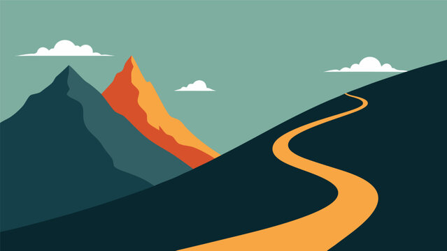 Vector illustration of a winding path leading towards majestic mountains under a cloudy sky, representing a journey and ambition
