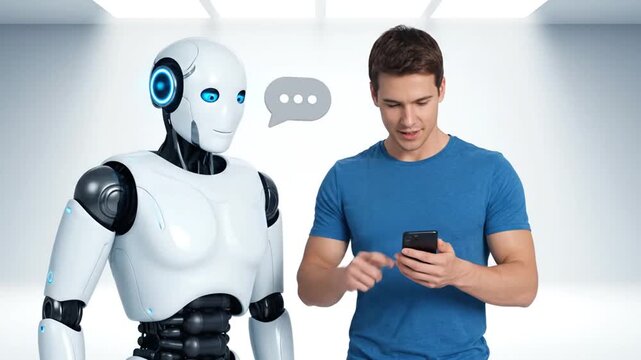 Man and robot interacting indoors with technology and modern concepts