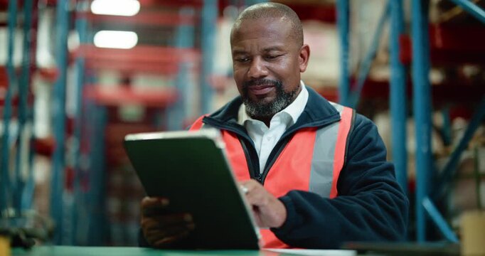 Supply chain, happy man and fist pump in warehouse with tablet, shipping success and distribution goal. Mature black person, scroll or celebration with tech, logistics target or dispatch achievement.